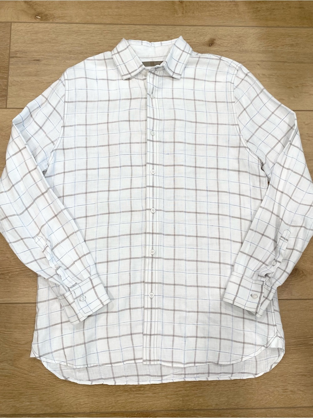 Raffi Long-Sleeve Button-Up Shirt Men’s Medium 100% Linen Plaid Beach Preppy